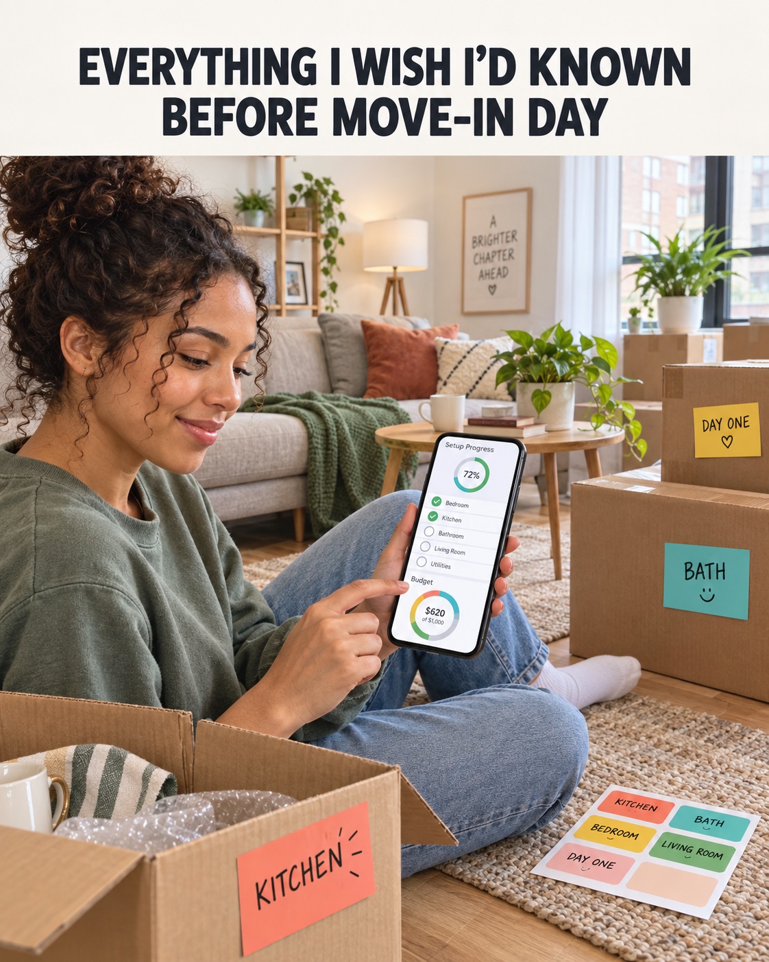 A new renter organizing labeled moving boxes while checking a move-in budget on her phone